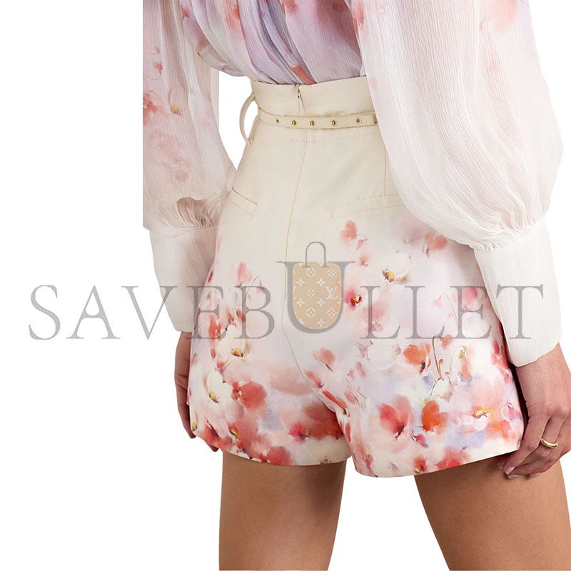 ZIMMERMANN CRUSH BELTED FLORAL-PRINT SILK AND COTTON-BLEND TWILL SHORTS 